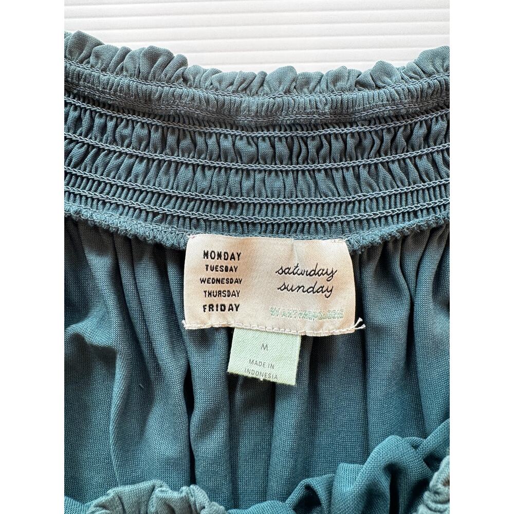 Anthropologie Rebecca Smocked Wide Leg Jumpsuit Teal Women’s Medium Off Shoulder - Picture 5 of 16